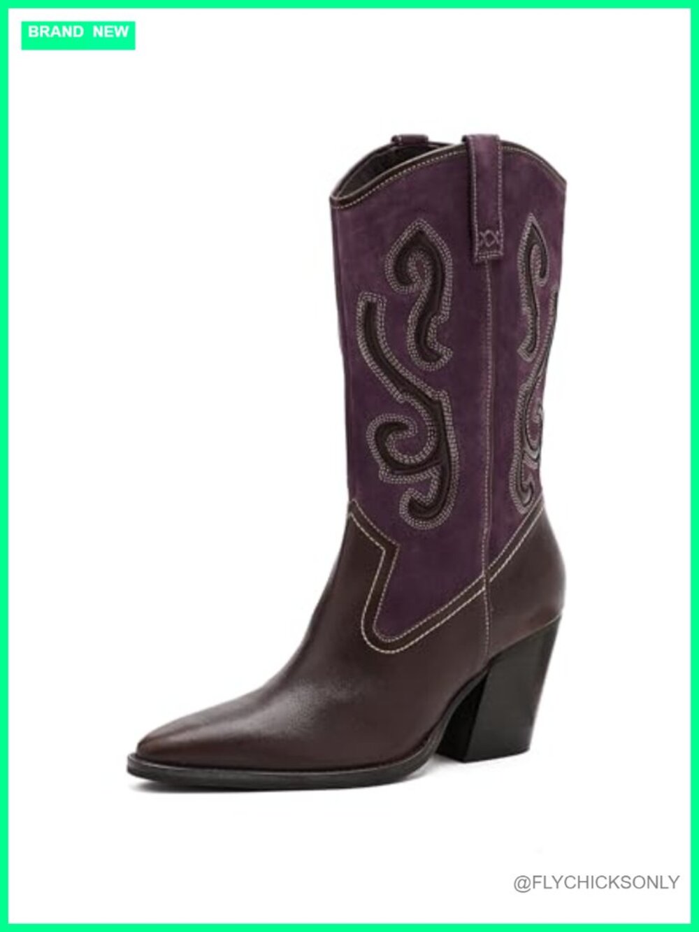 Leather Western Boots Pointed Toe Block Heel Knee-High Pull-On